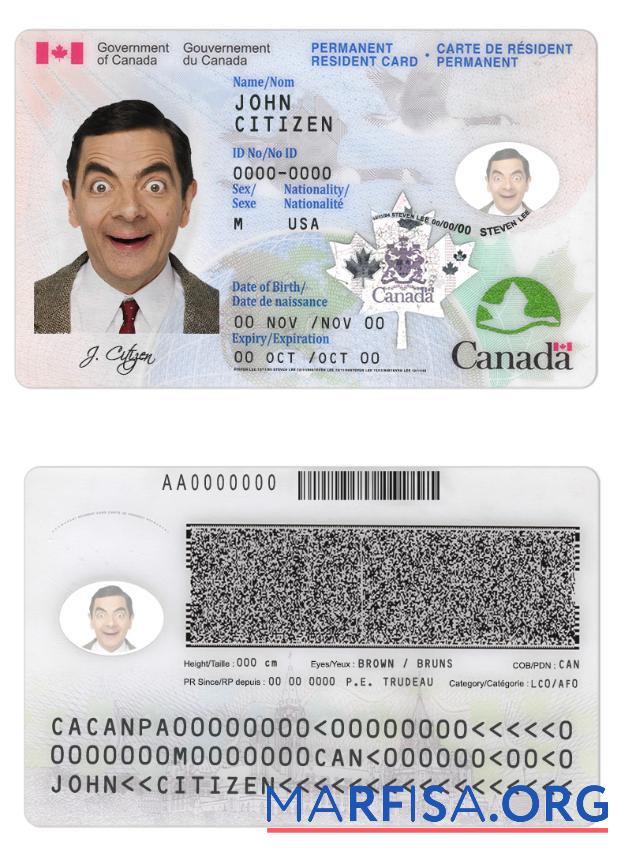 Blank Canada Permanent resident card real example